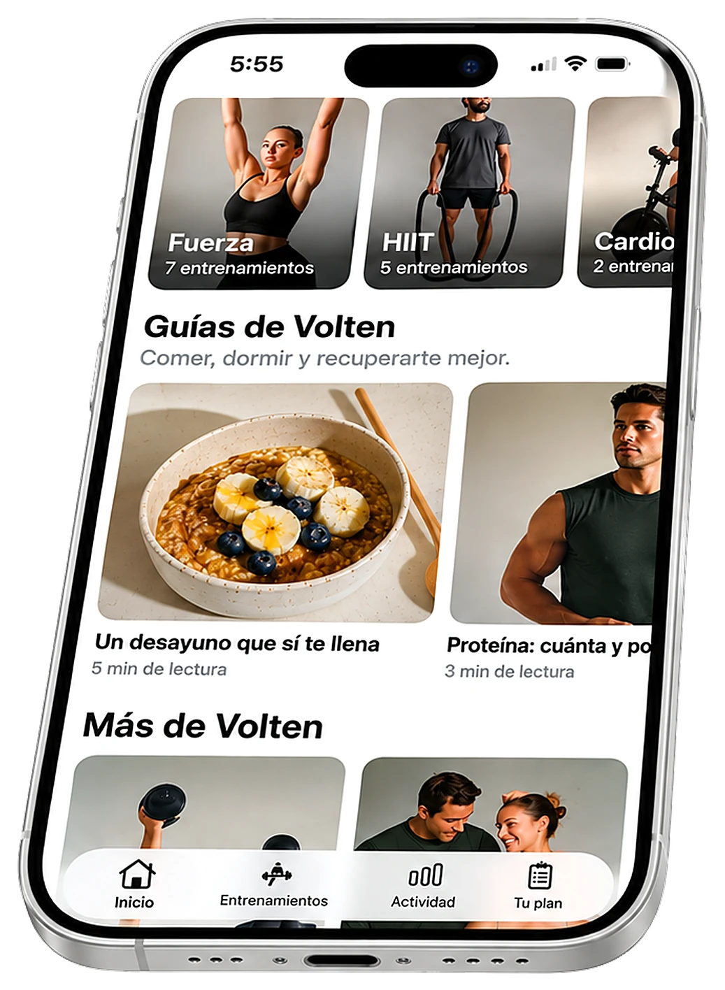 La app de Volten en un iPhone: las guías y los entrenamientos (Fuerza, HIIT y Cardio) y las «Guías de Volten».